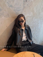 MSBEAST Cropped Sheepskin Leather Shirt Jacket in Black - On Female Model