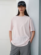 MSBEAST Oversized Lyocell Wool Blend T Shirt in Pink - On Female Model