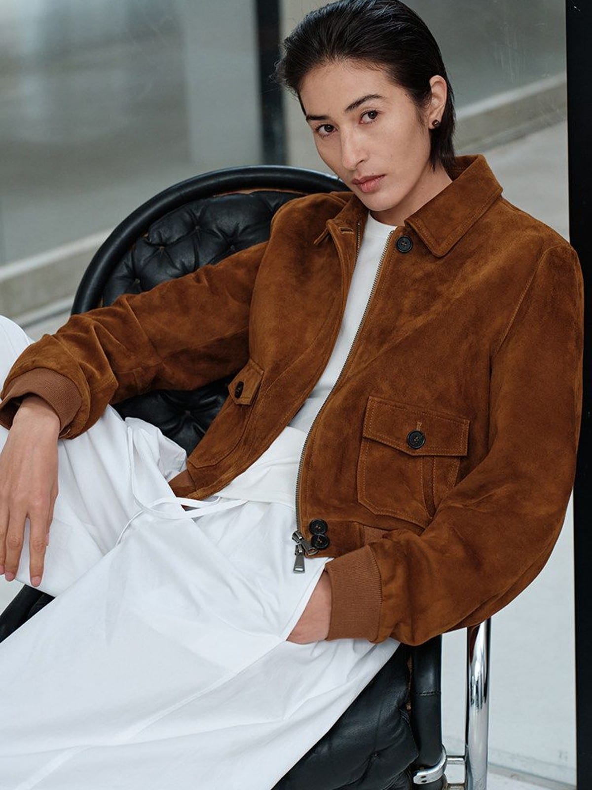 MSBEAST Cropped Suede Leather Jacket in Brown - On Female Model