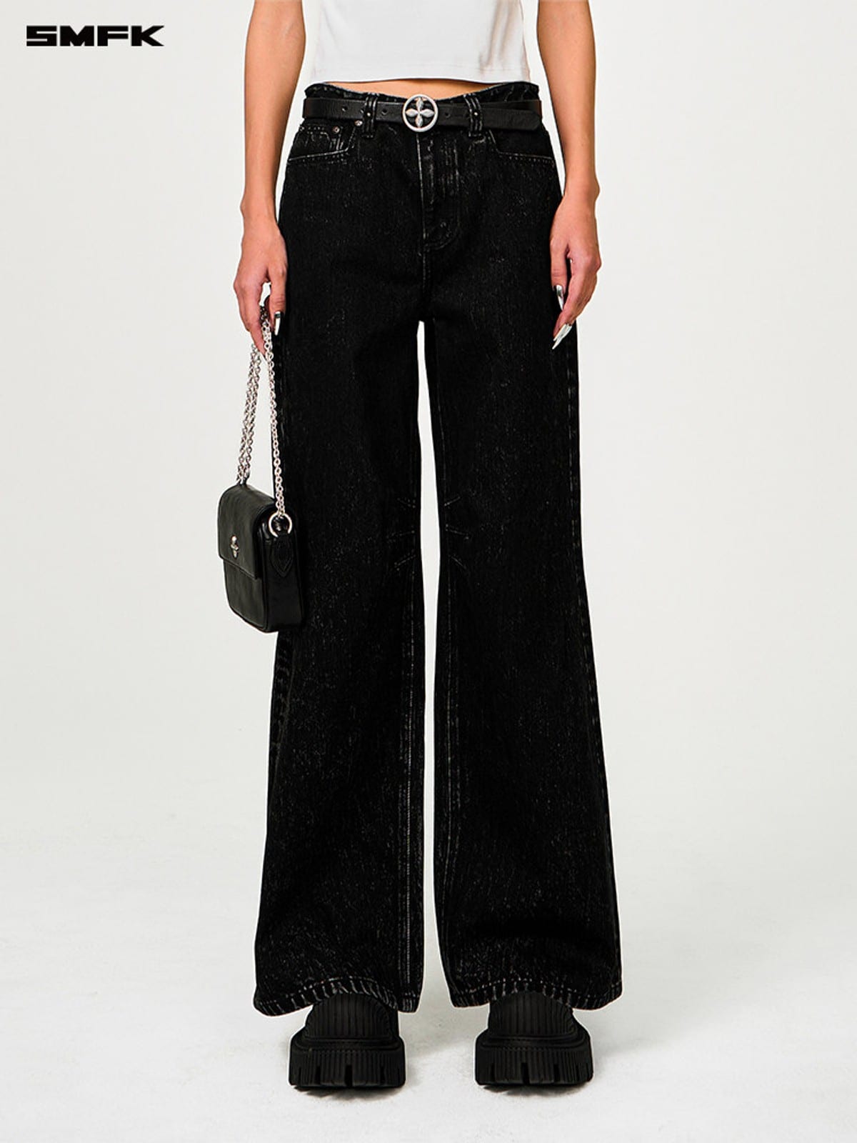 SMFK All Over Print Wide Leg Jeans in Denim - On Female Model