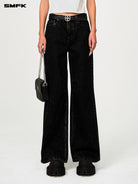 SMFK All Over Print Wide Leg Jeans in Denim - On Female Model