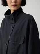 Random Piece Enzyme Washed Cotton Workwear Jacket in Navy Blue - On Female Model