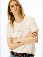 alright then Sheer Cotton Silk Blend Logo Tee in White - On Female Model