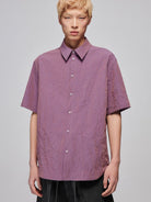 SIMPLE PROJECT Crinkled Linen Blend Short Sleeve Shirt in Purple - On Male Model