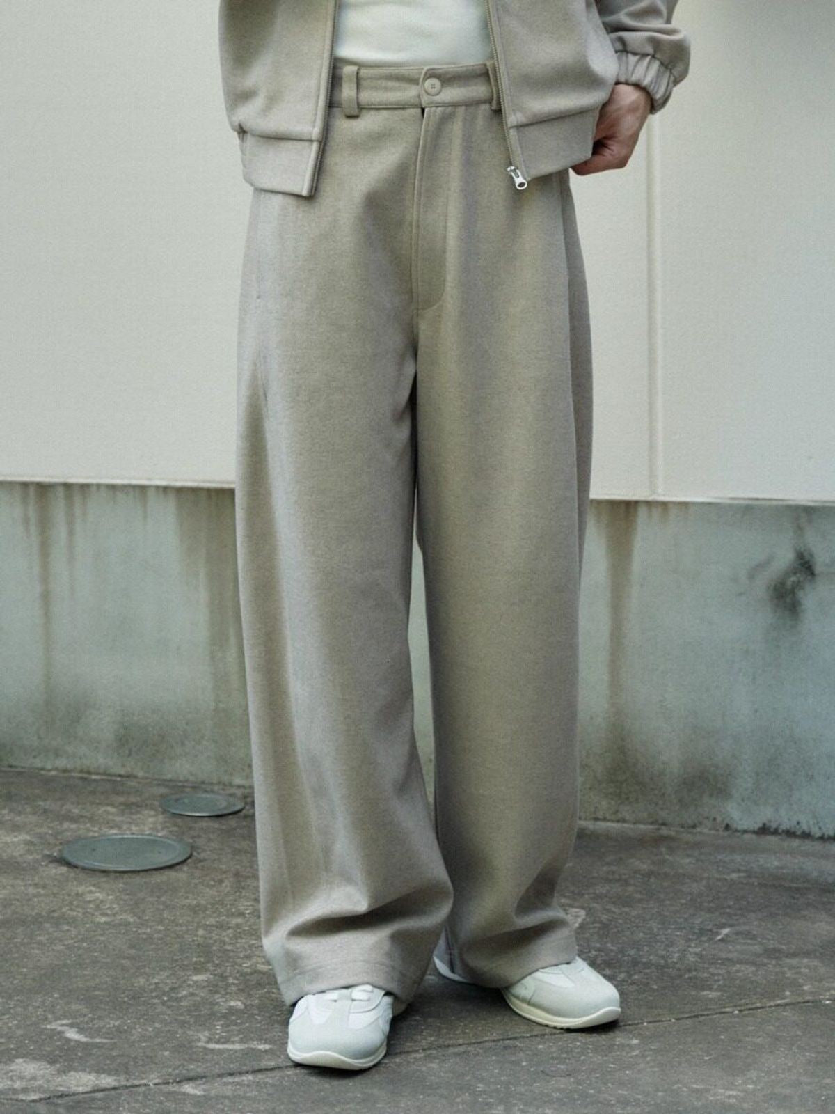 Retro 21 Brushed Curved Leg Pants in Beige - On Model