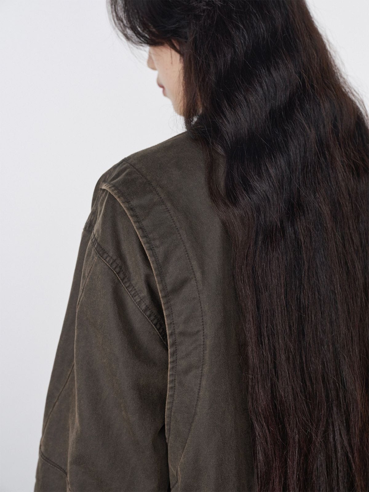 Random Piece Matte Coated Utility Jacket in Olive - On Female Model
