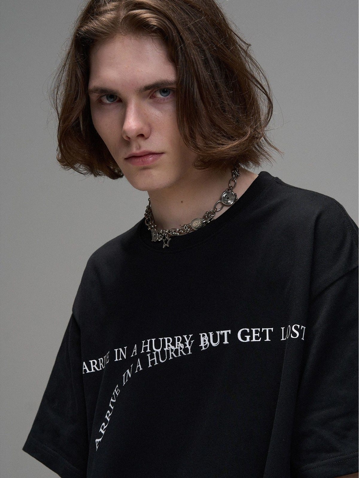 LOSTCTRL Heavyweight Letter Print T Shirt in Black - On Male Model