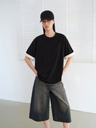 MSBEAST Color Block Cuff Cotton Blend T Shirt in Black - On Female Model