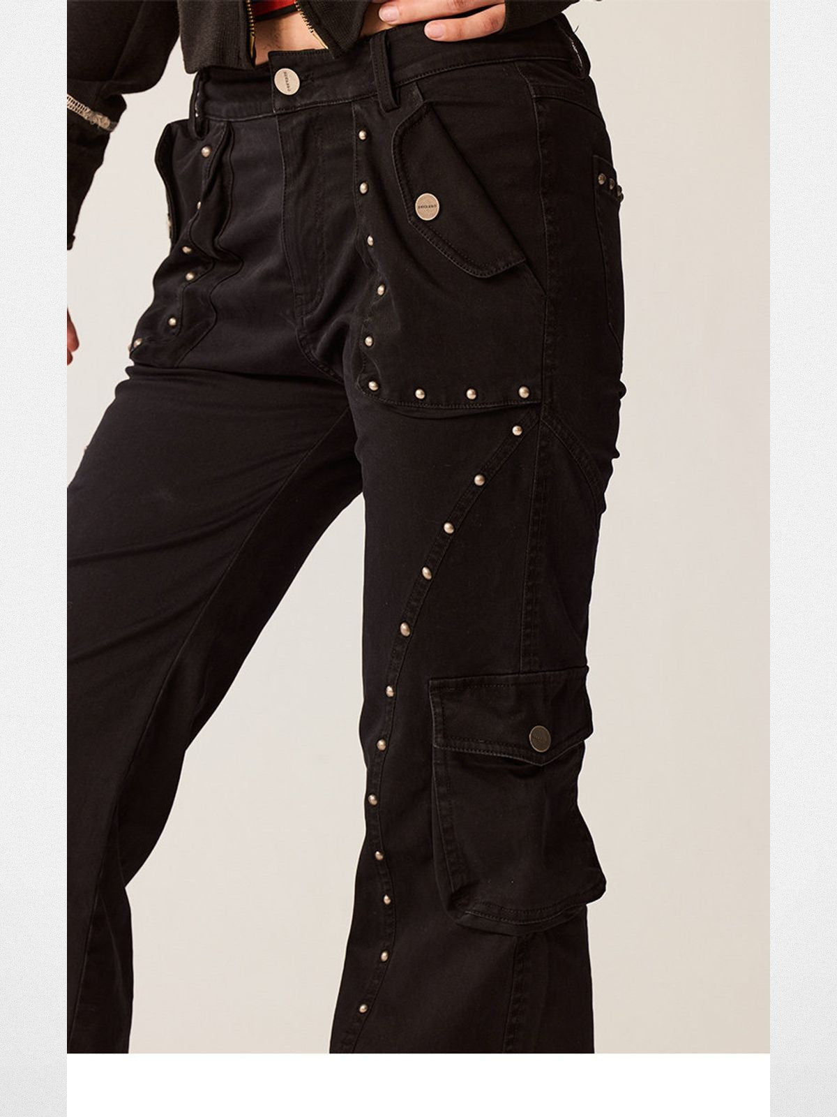 BeerBro Riveted Cargo Flare Pants in Black - On Female Model