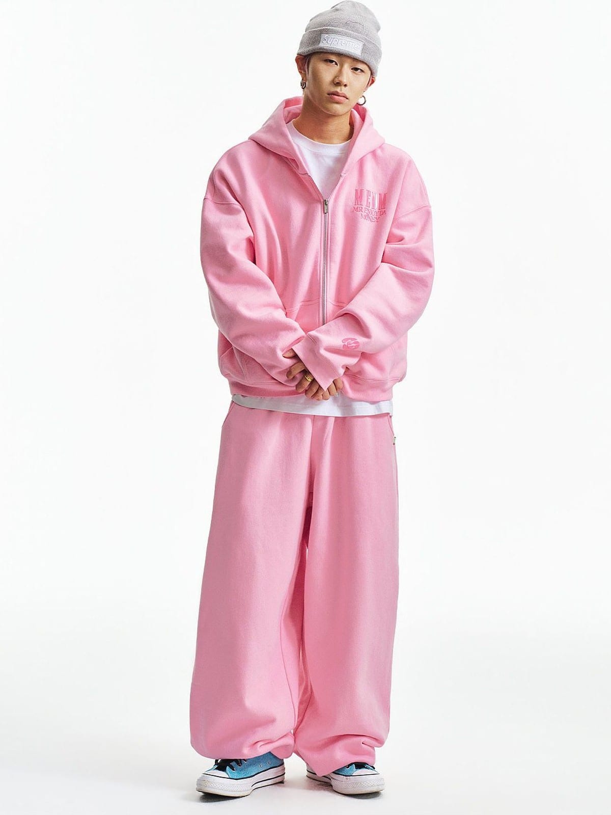 MEDM 3D Logo Two Way Zip Cotton Hoodie in Pink - On Male Model