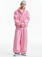 MEDM 3D Logo Two Way Zip Cotton Hoodie in Pink - On Male Model