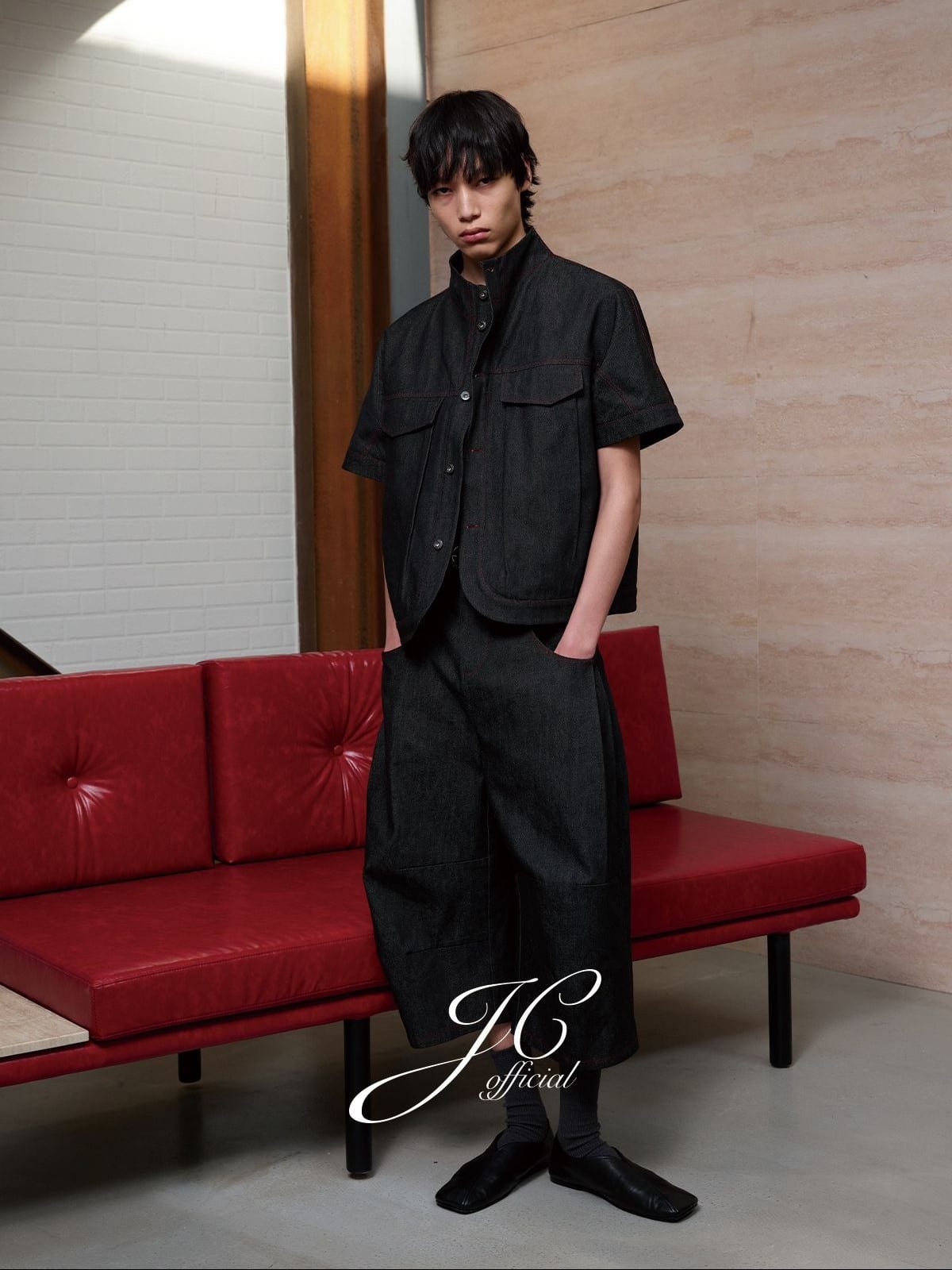 JCAESAR STUDIO Red Stitched Stand Collar Denim Shirt in Gray - On Male Model