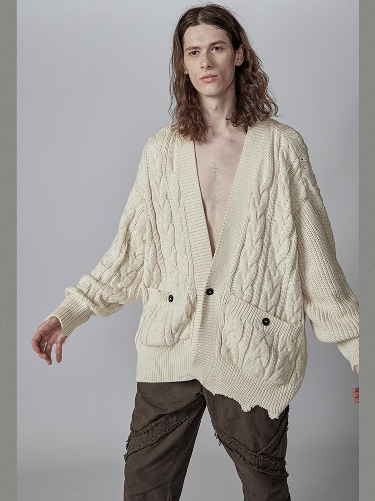 D5ove Distressed Cable Knit Noragi Cardigan in Cream - On Male Model