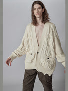 D5ove Distressed Cable Knit Noragi Cardigan in Cream - On Male Model