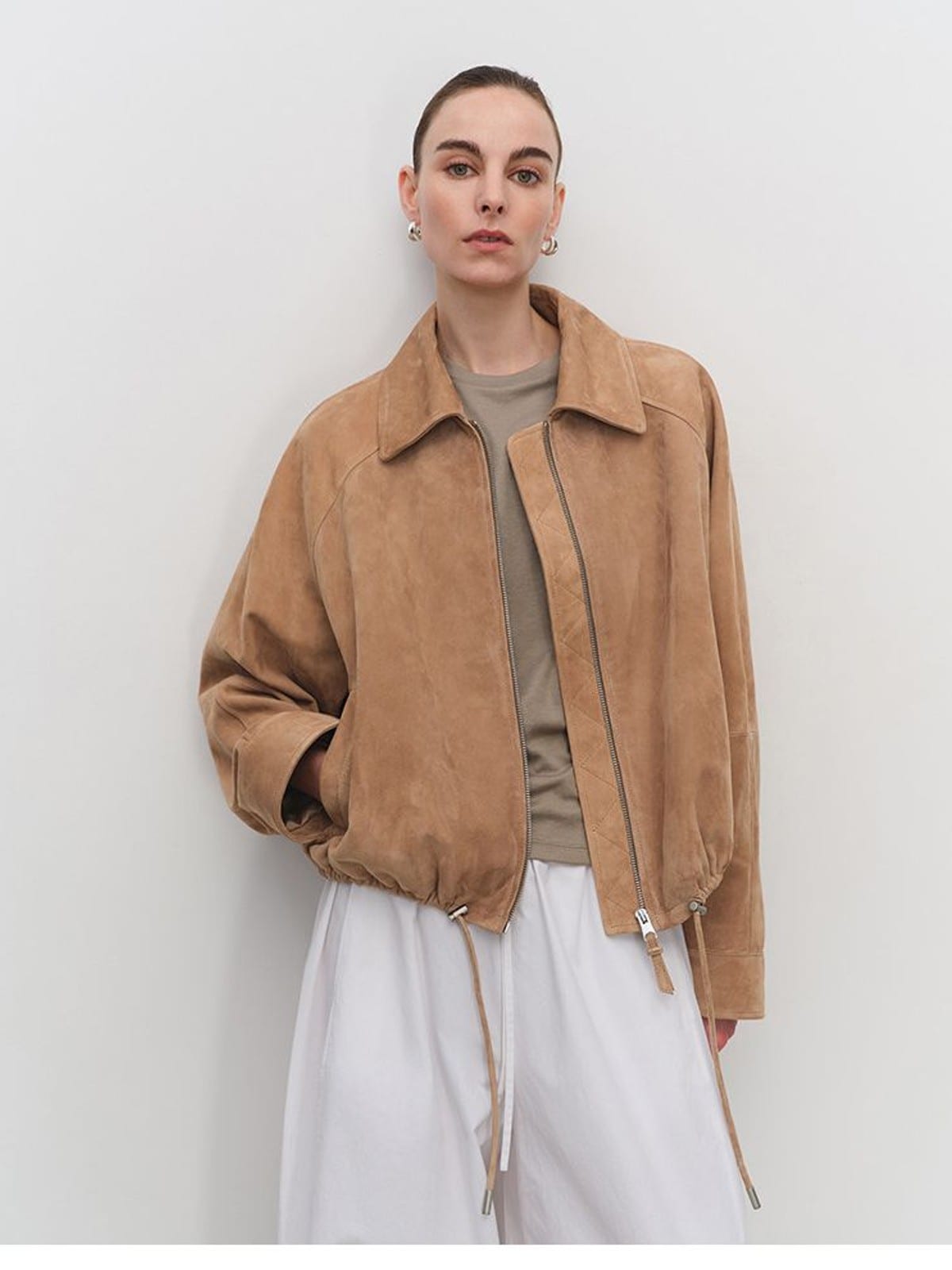 MSBEAST Cropped Leather Drawstring Jacket in Beige - On Female Model