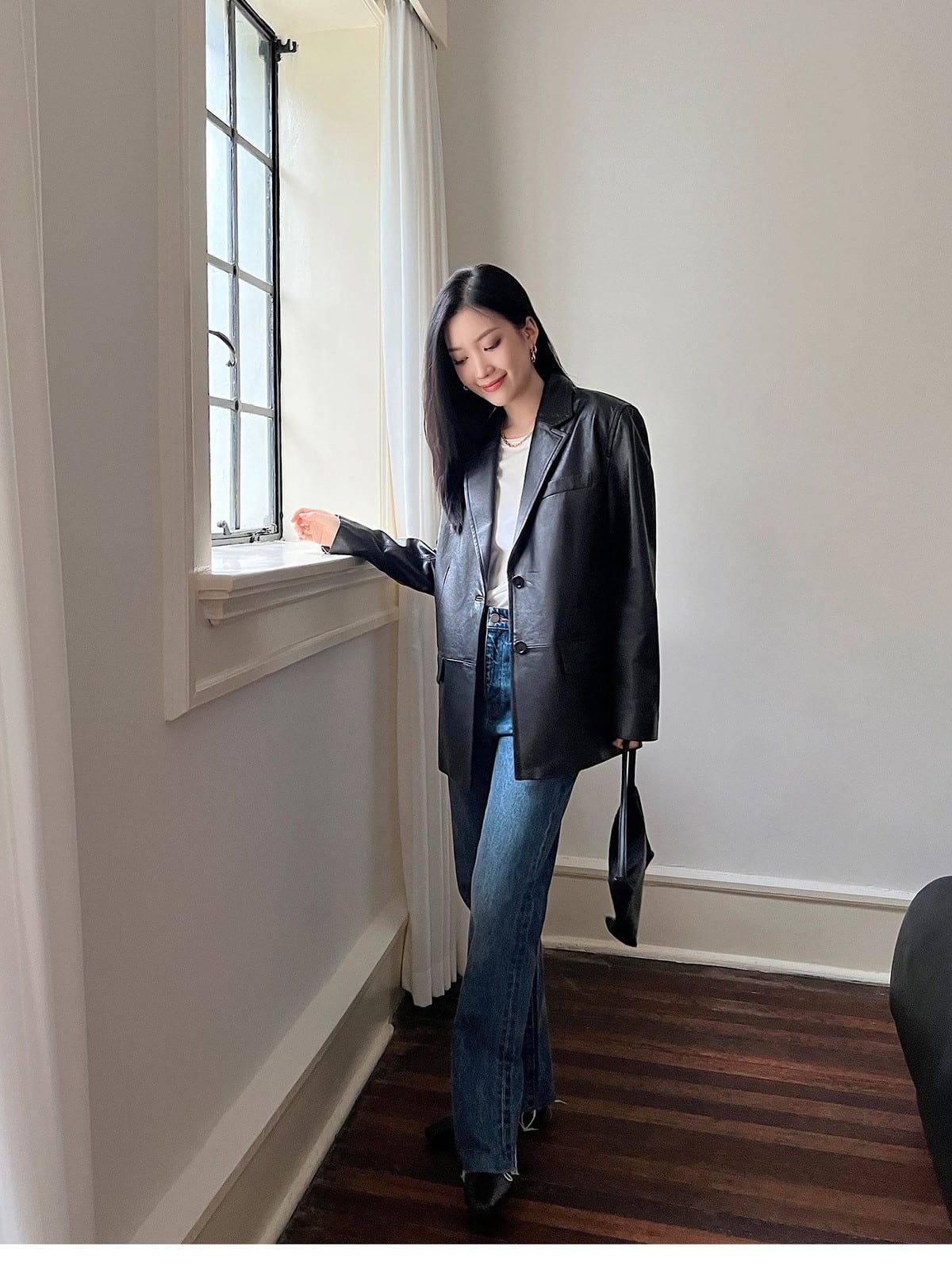 MSBEAST Vegetable Tanned Sheepskin Blazer in Black - On Female Model