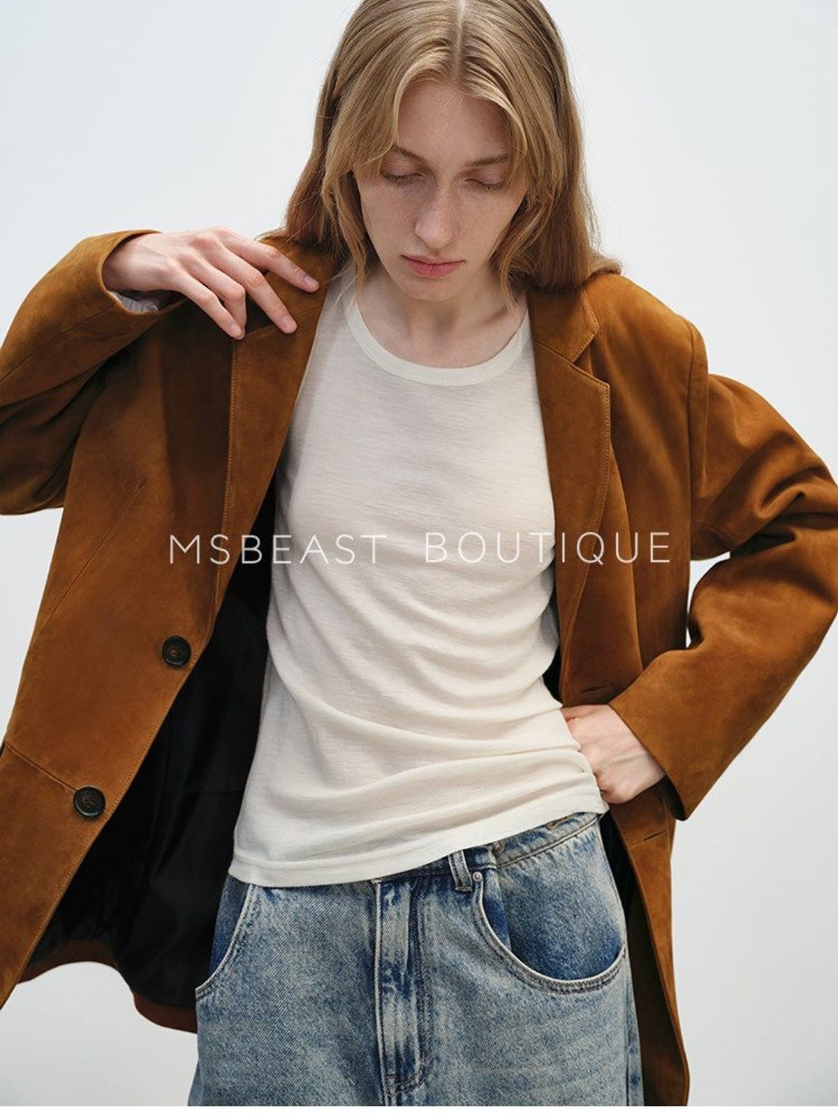 MSBEAST Oversized Sheepskin Suede Blazer in Dark Brown - On Female Model