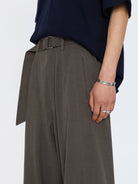 SIMPLE PROJECT Curved Seam Belted Wide Leg Trousers in Dark Gray - On Model