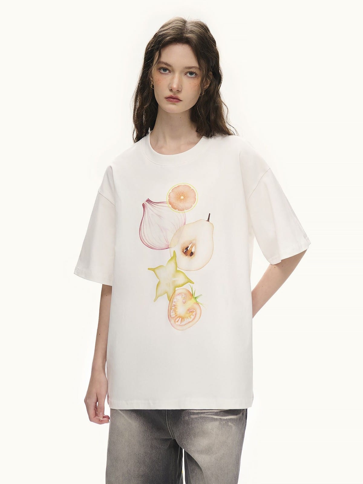 LOSTCTRL Fruit Veggie Print Cotton Blend T Shirt in White - On Female Model