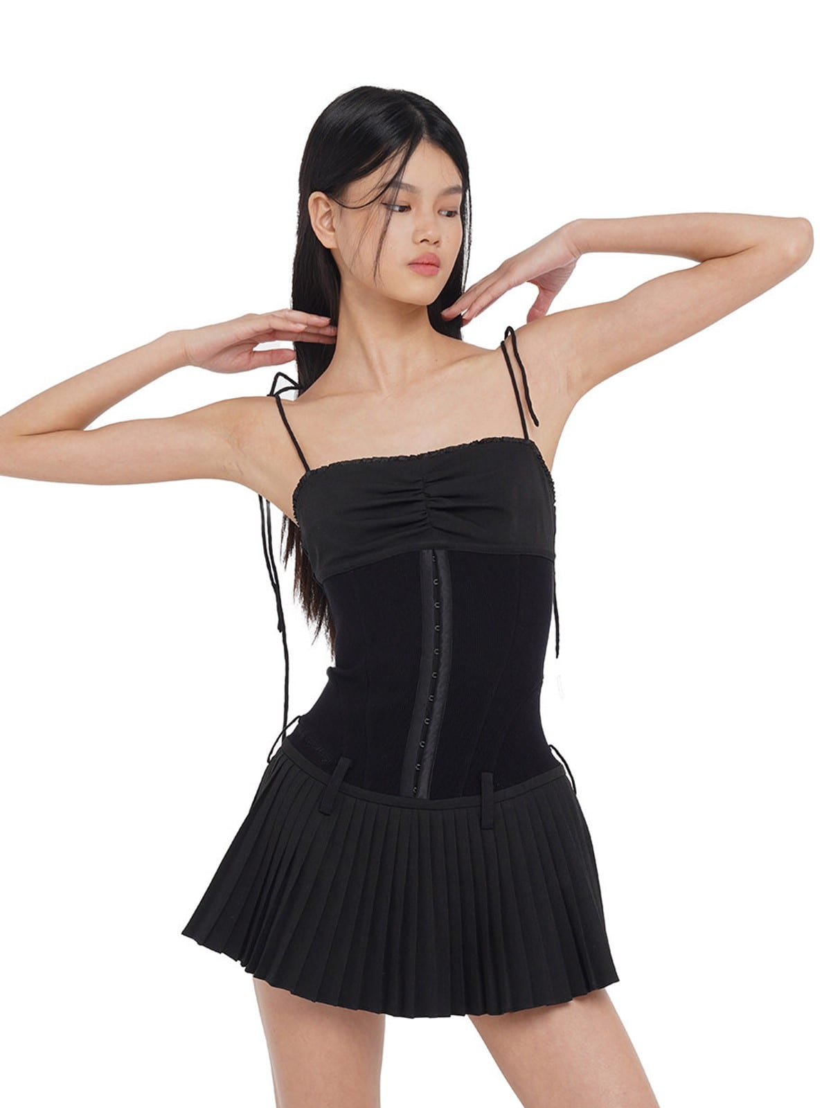 SweetChilling Pleated Paneled Slip Mini Dress in Black - On Female Model