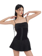 SweetChilling Pleated Paneled Slip Mini Dress in Black - On Female Model