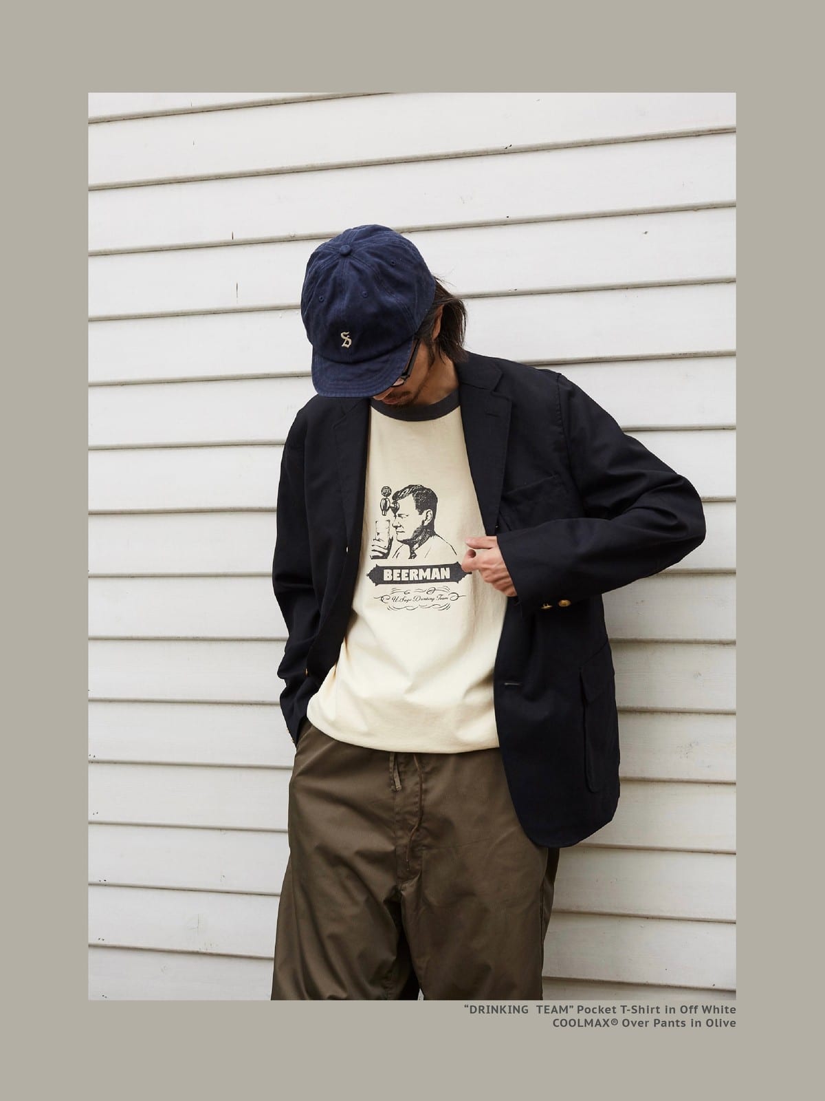 USAGE Graphic Cotton Ringer T Shirt in Cream - On Male Model