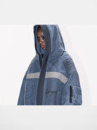 BLINDNOPLAN Distressed Hooded MA 1 Bomber Jacket in Blue - On Female Model