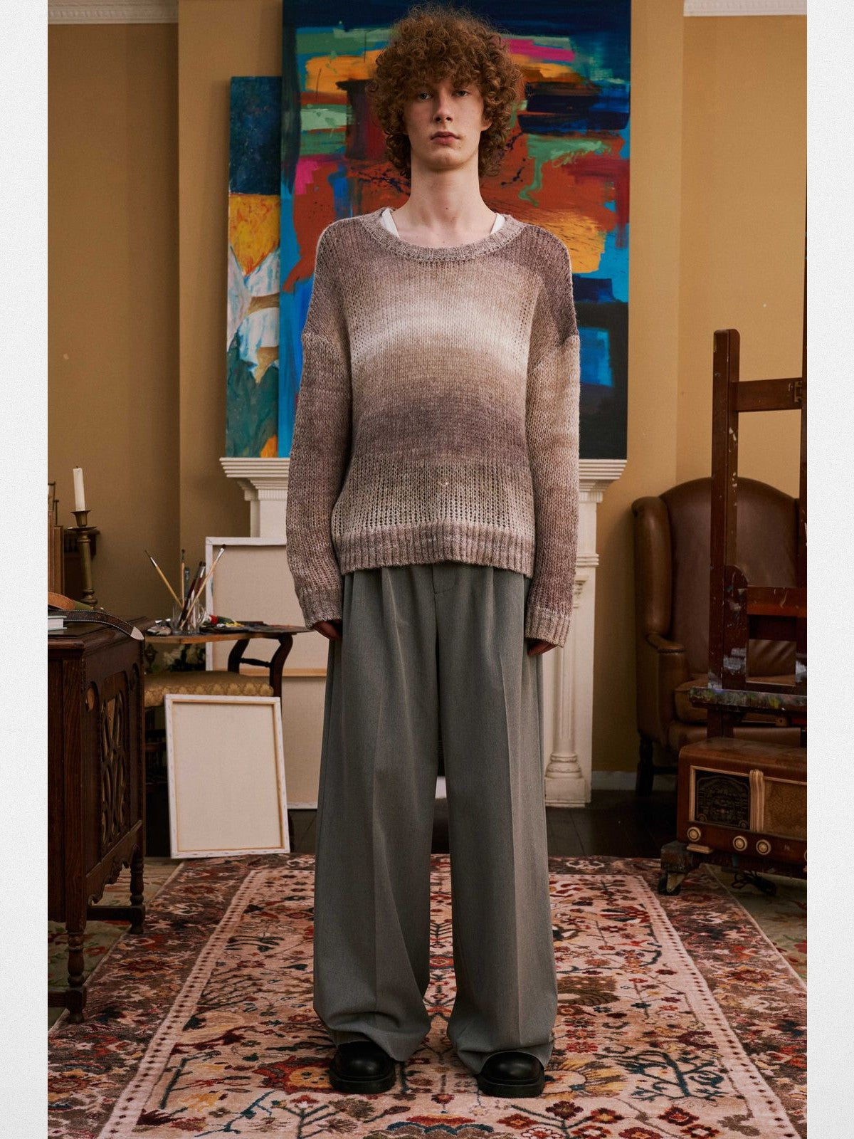 Retro 21 Gradient Open Knit Wool Blend Sweater in Beige - On Male Model