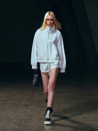 SMFK Cotton Zip Up Track Jacket in White - On Female Model