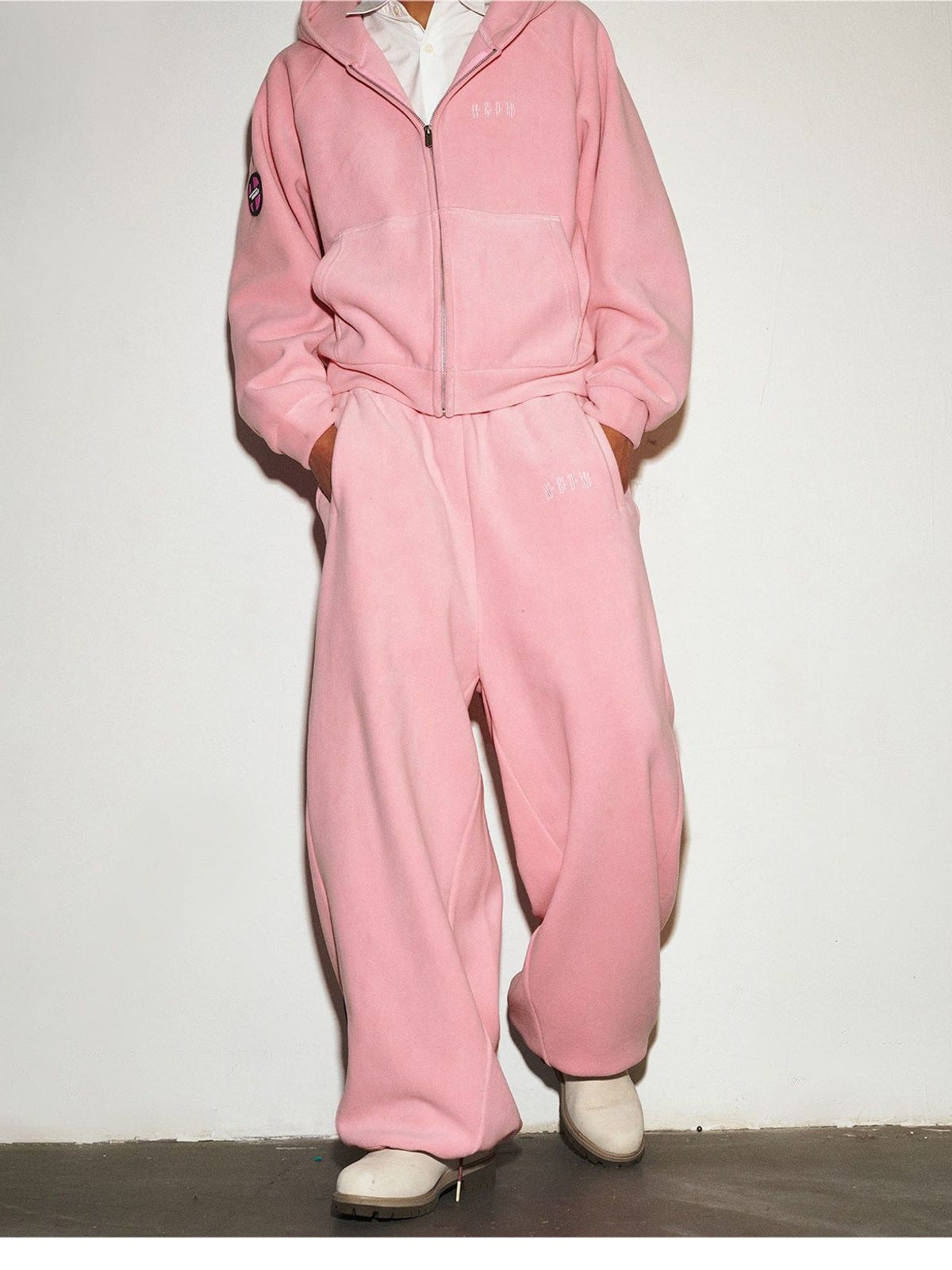 MEDM Polar Fleece Zip Up Hoodie in Pink - On Model