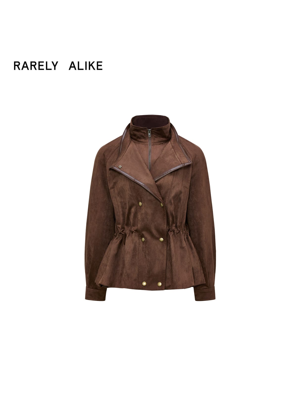 RARELY ALIKE Layered Drawstring Stand Collar Jacket in Brown