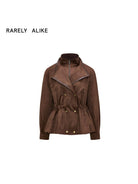 RARELY ALIKE Layered Drawstring Stand Collar Jacket in Brown