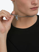 BLACKHEAD Blue Rhinestone Bone Necklace in Silver - On Male Model