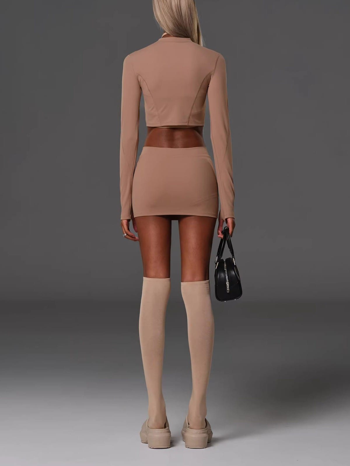 SMFK Cropped Nylon Blend Zip Up Jacket in Brown - On Female Model