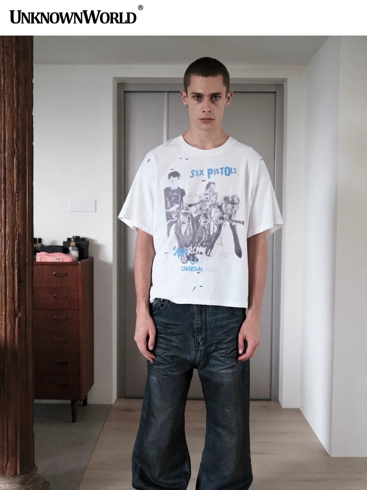 UNKNOWNWORLD Oil Stain Mud Dye Straight Jeans in Blue - On Male Model
