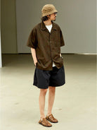 USAGE Floral Japanese Cotton Aloha Shirt in Brown - On Male Model