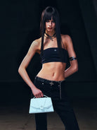 SMFK Thin Leather Cross Buckle Belt in Black - On Female Model