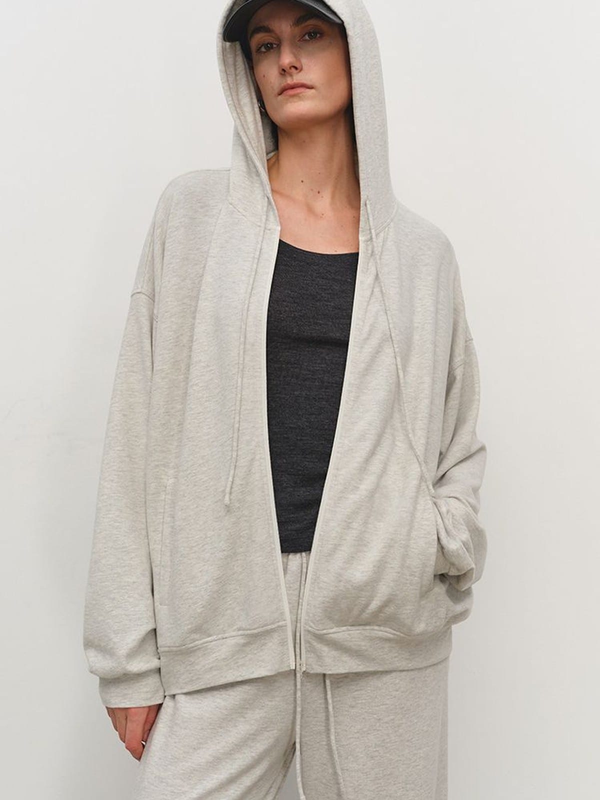 MSBEAST Lightweight Modal Blend Zip Up Hoodie in Gray - On Female Model