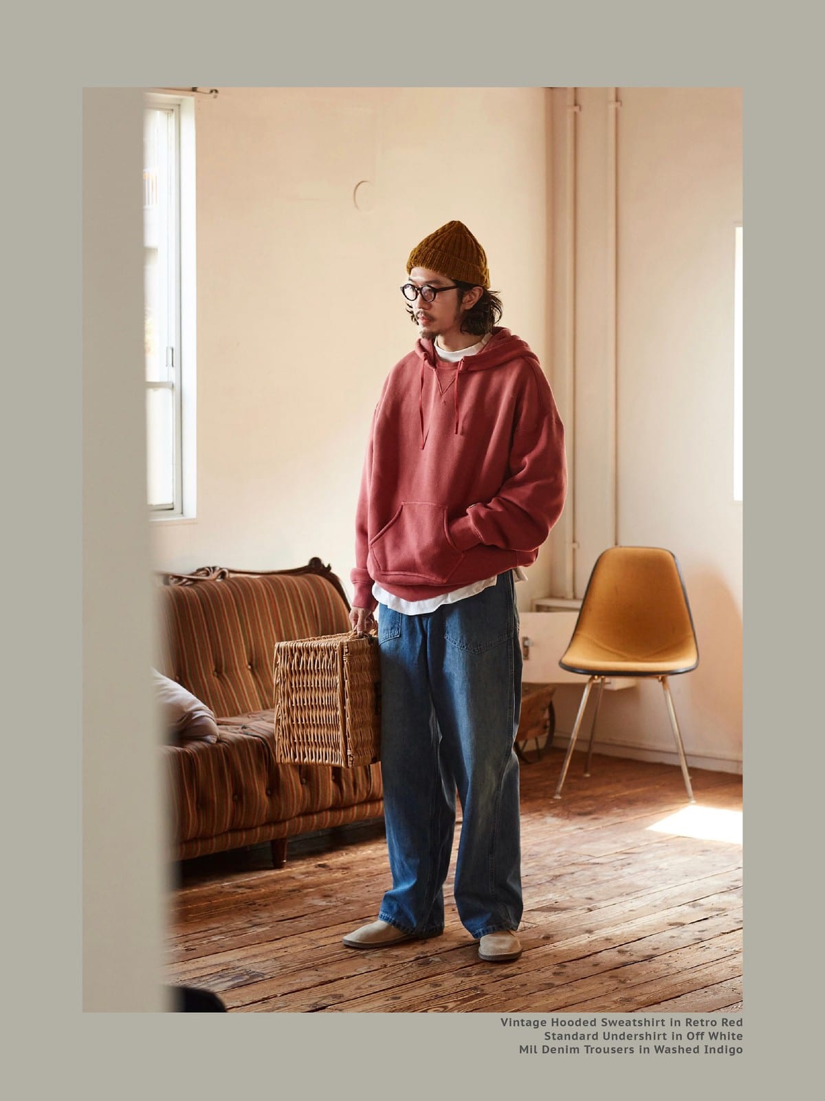 USAGE Faded Vintage Wash Hoodie in Red - On Male Model