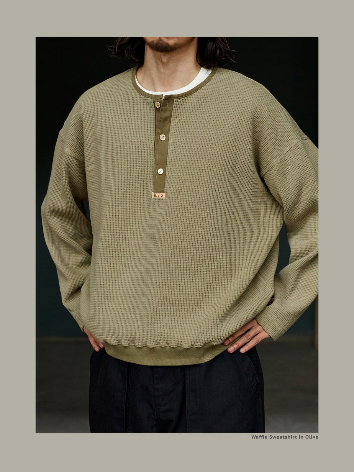 USAGE Heavyweight Waffle Knit Henley Sweatshirt in Olive - On Male Model