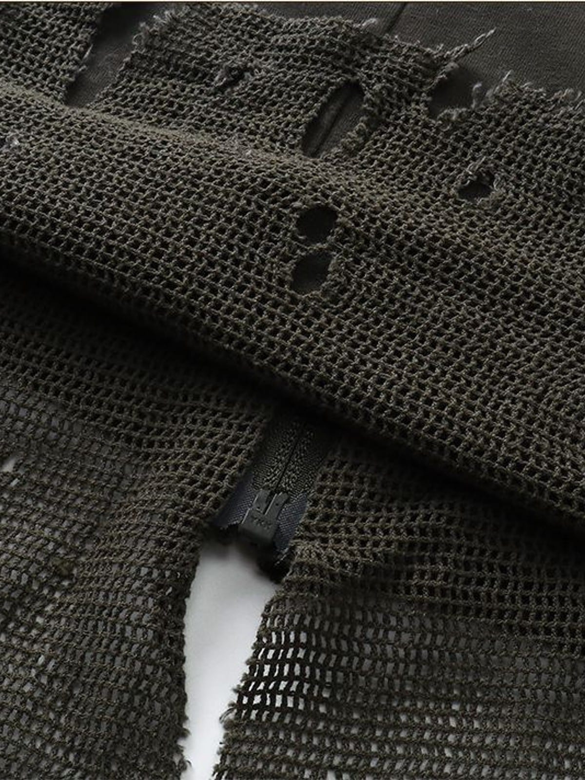 D5ove Reversible Mesh Paneled Distressed Cardigan in Army Green - Detail