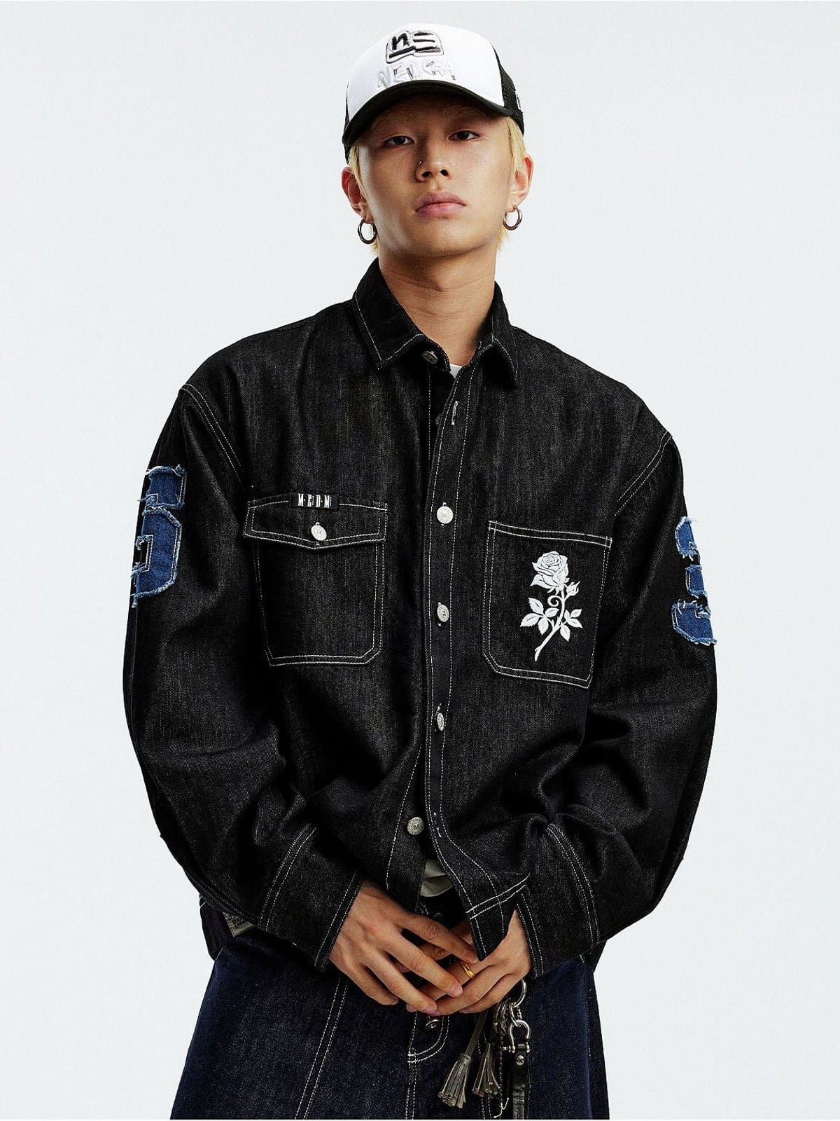 MEDM Lyocell Blend Logo Patch Denim Jacket in Denim - On Male Model