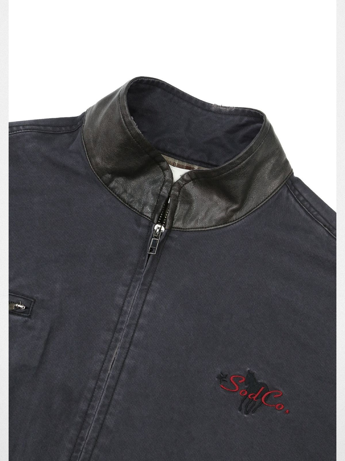 SOD Distressed Leather Collar Work Jacket in Blue - Detail