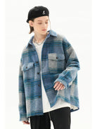 LOSTCTRL Embroidered Brushed Plaid Jacket in Blue - On Female Model