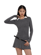 SweetChilling Layered Look Pleated Dress with Belt in Light Gray - On Female Model