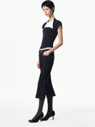 RARELY ALIKE Modal Mock Two Piece T Shirt in Navy Blue - On Female Model