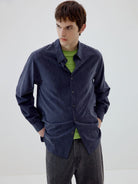 SIMPLE PROJECT Washed Lyocell Long Sleeve Shirt in Navy Blue - On Male Model