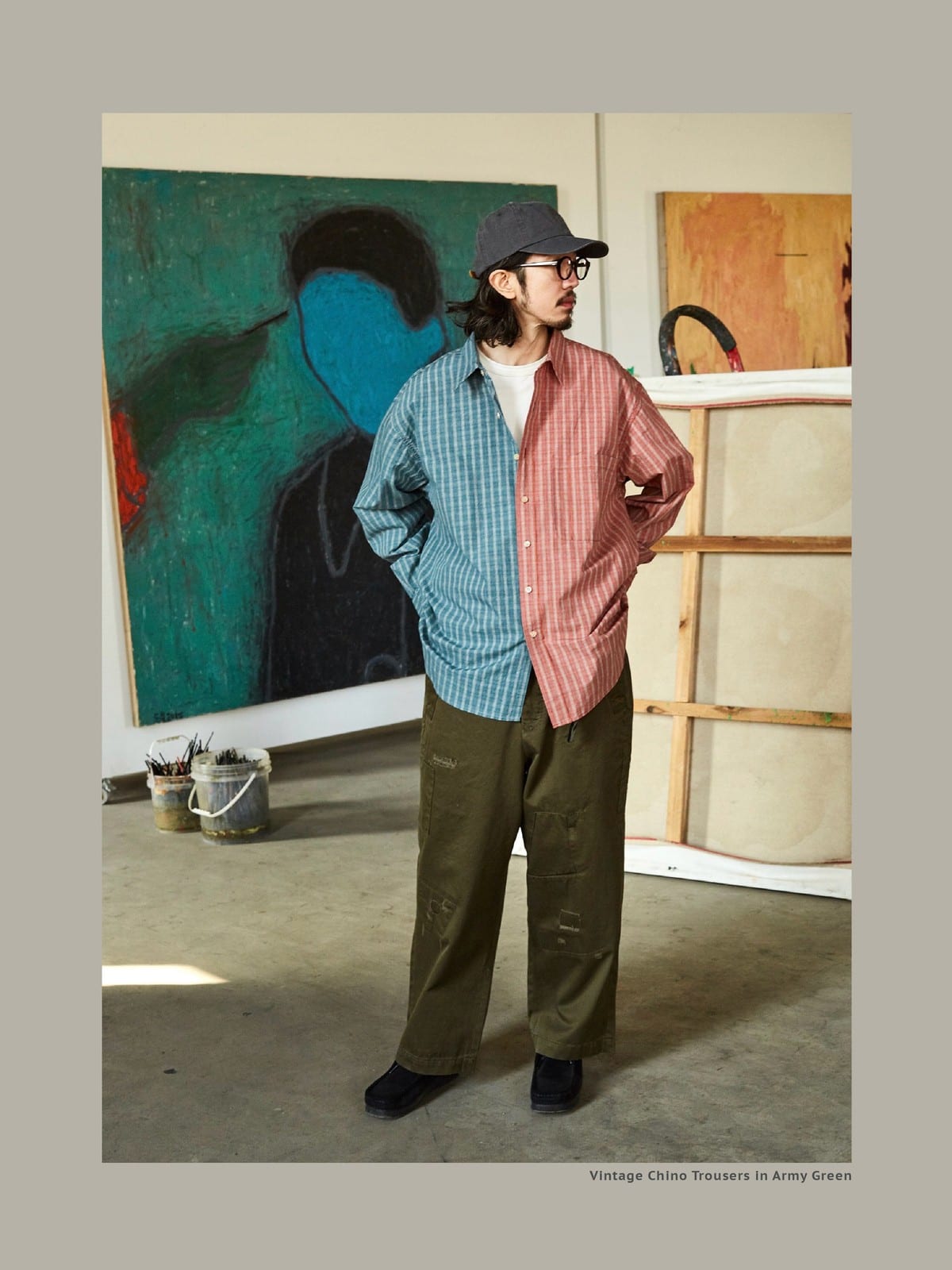 USAGE Hand Distressed Patched Chinos in Olive - On Male Model
