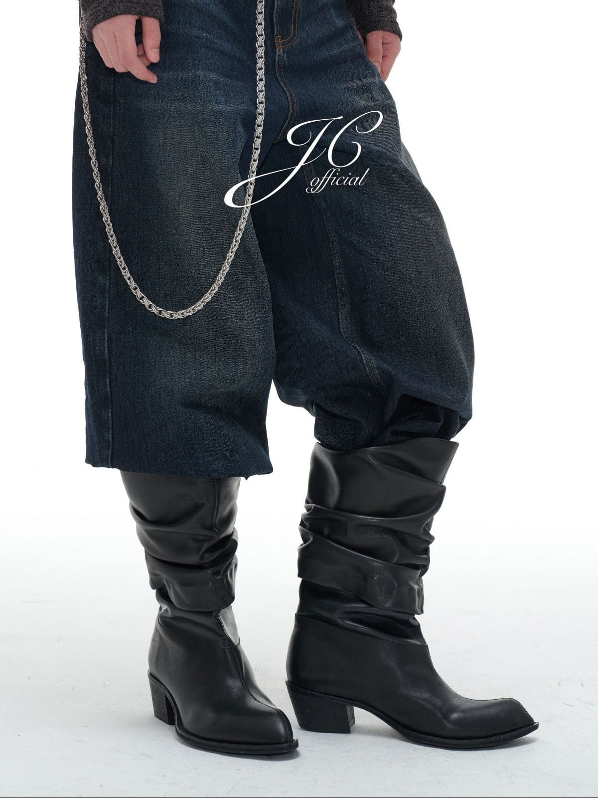JCAESAR STUDIO Pleated Leather Fold Over Boots in Black - On Model