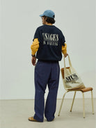 USAGE Raw Edge Cotton Short Sleeve Sweatshirt in Navy Blue - On Male Model
